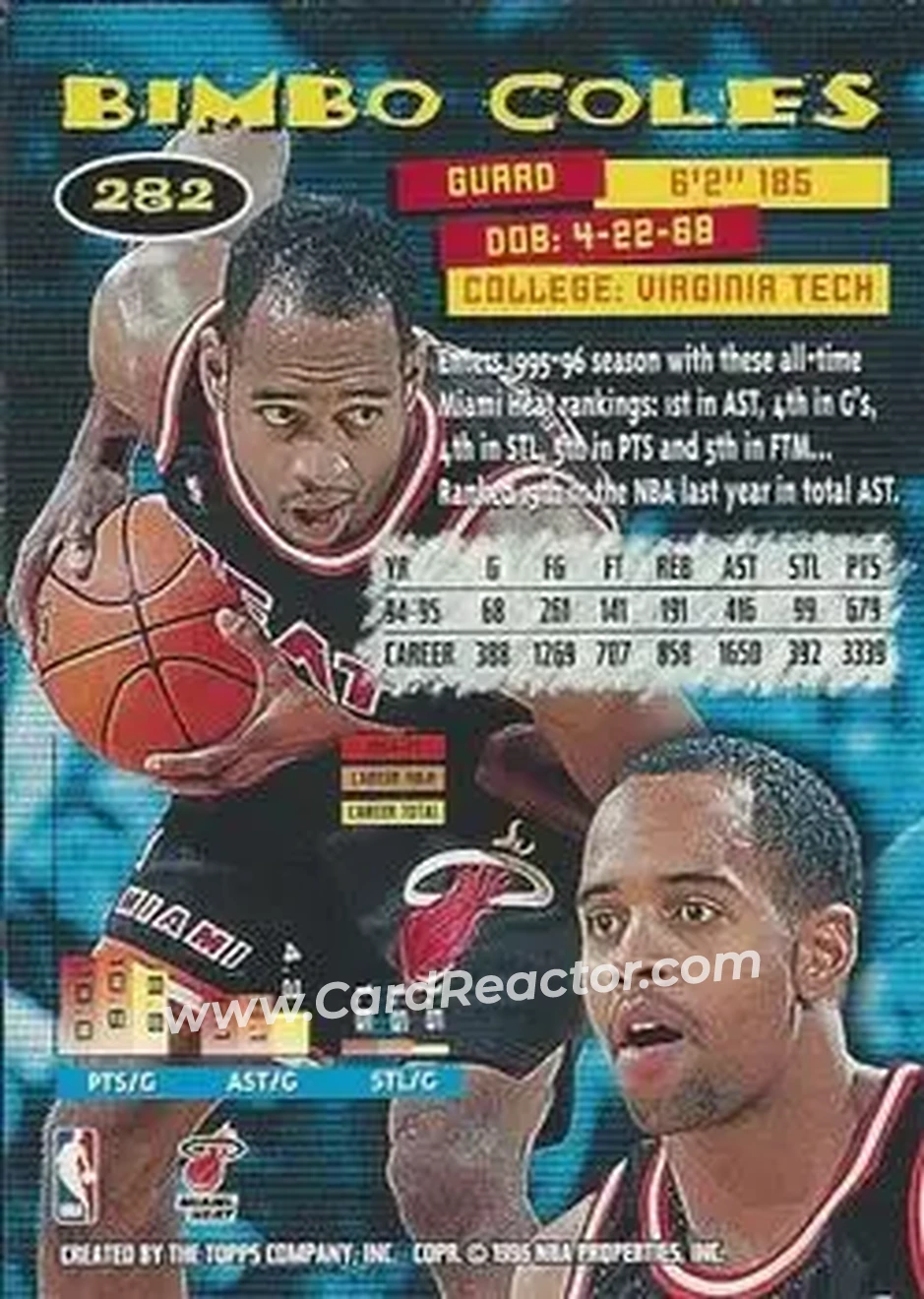 1995-96 Stadium Club #282 - Bimbo Coles - Miami Heat - Back