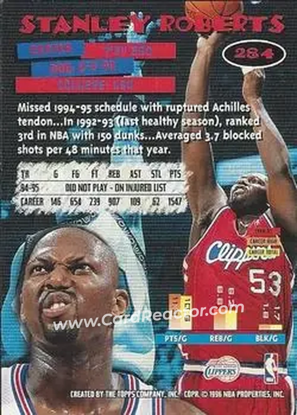 1995-96 Stadium Club #284 - Stanley Roberts - Los Angeles Clippers - Back