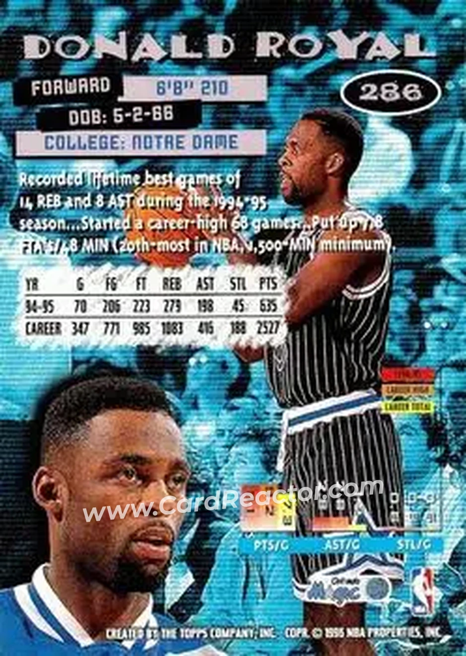 1995-96 Stadium Club #286 - Donald Royal - Orlando Magic - Back