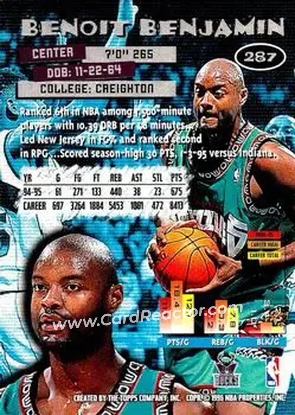1995-96 Stadium Club #287 - Benoit Benjamin - Milwaukee Bucks - Back