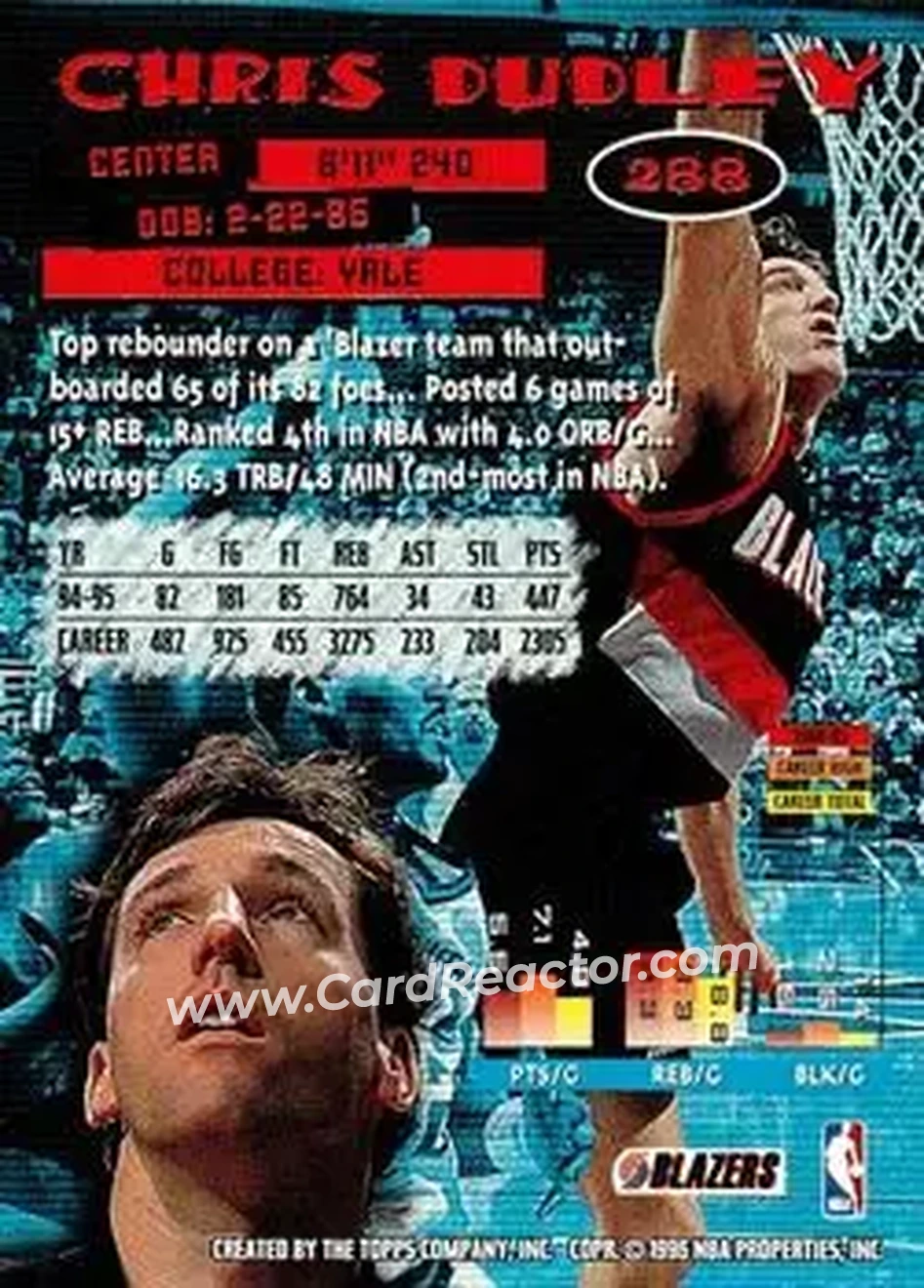 1995-96 Stadium Club #288 - Chris Dudley - Portland Trail Blazers - Back