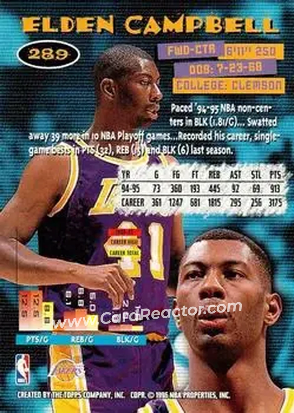 1995-96 Stadium Club #289 - Elden Campbell - Los Angeles Lakers - Back