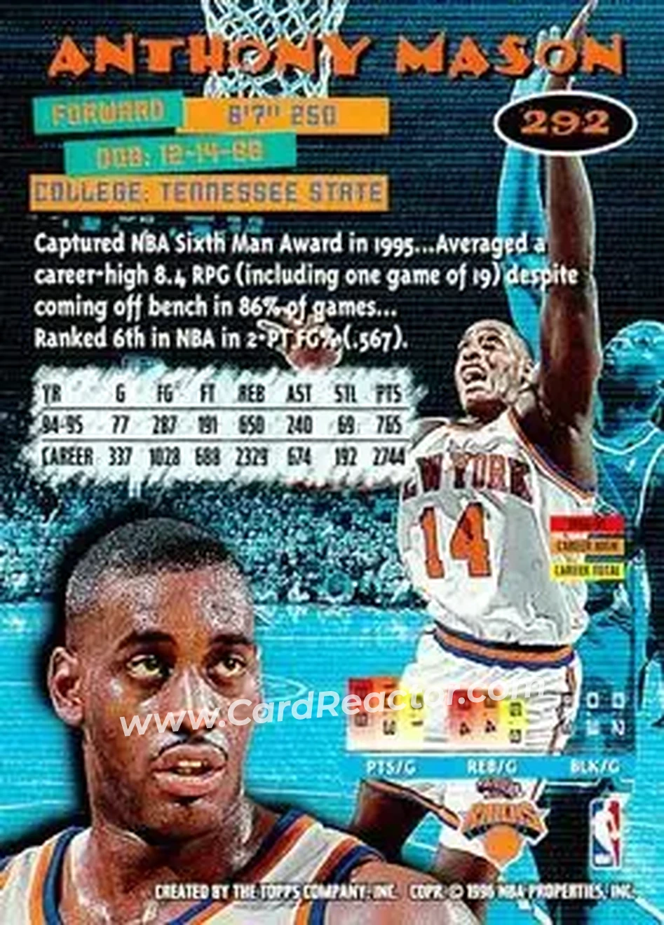 1995-96 Stadium Club #292 - Anthony Mason - New York Knicks - Back