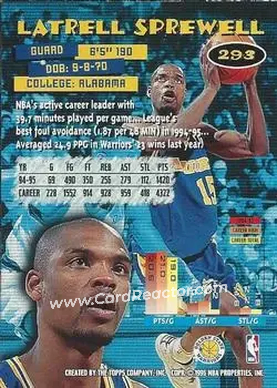 1995-96 Stadium Club #293 - Latrell Sprewell - Golden State Warriors - Back