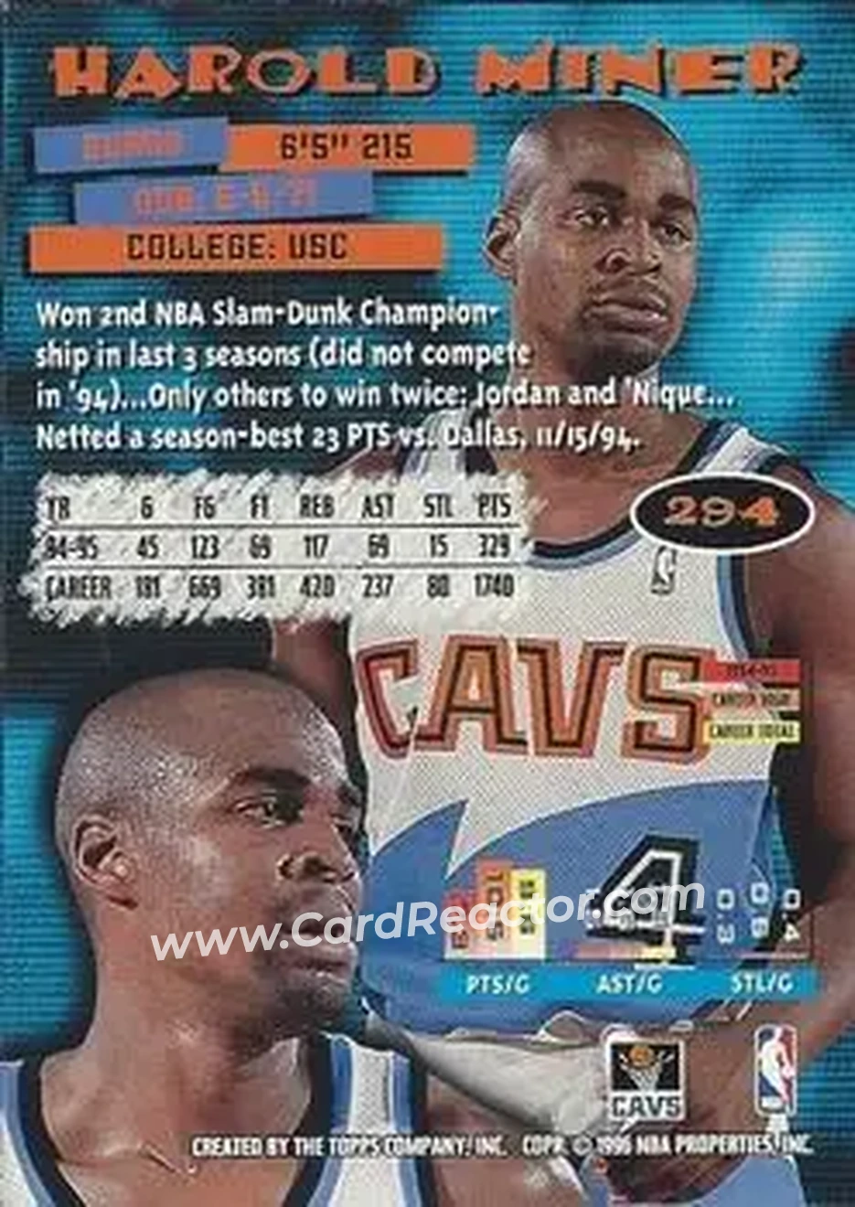 1995-96 Stadium Club #294 - Harold Miner - Cleveland Cavaliers - Back