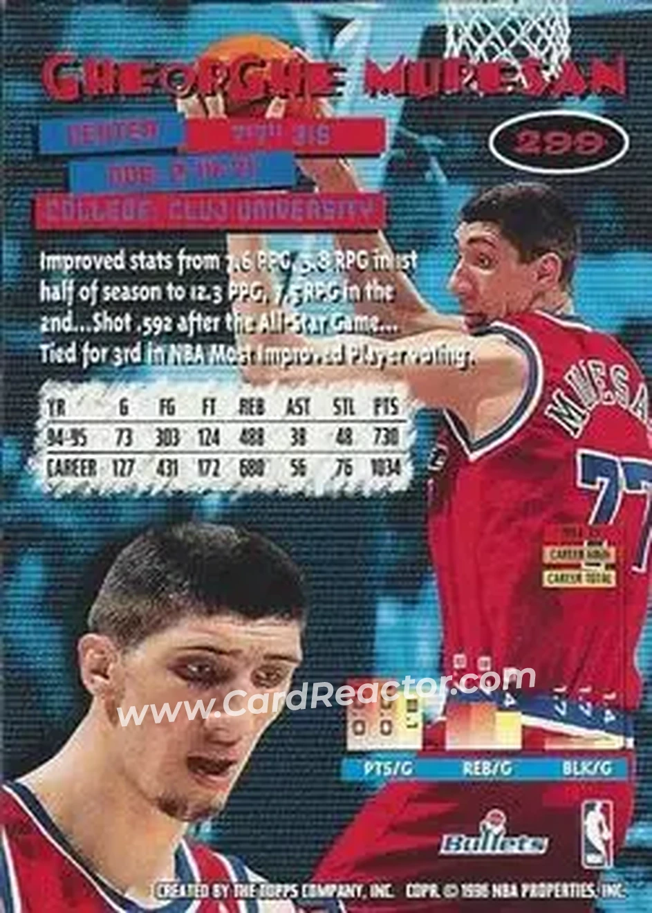 1995-96 Stadium Club #299 - Gheorghe Mureșan - Washington Bullets - Back
