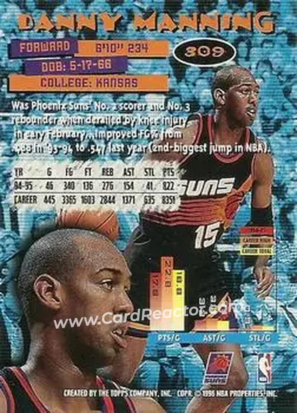 1995-96 Stadium Club #309 - Danny Manning - Phoenix Suns - Back 1995-96 Stadium Club #309 - Danny Manning - Phoenix Suns - Back