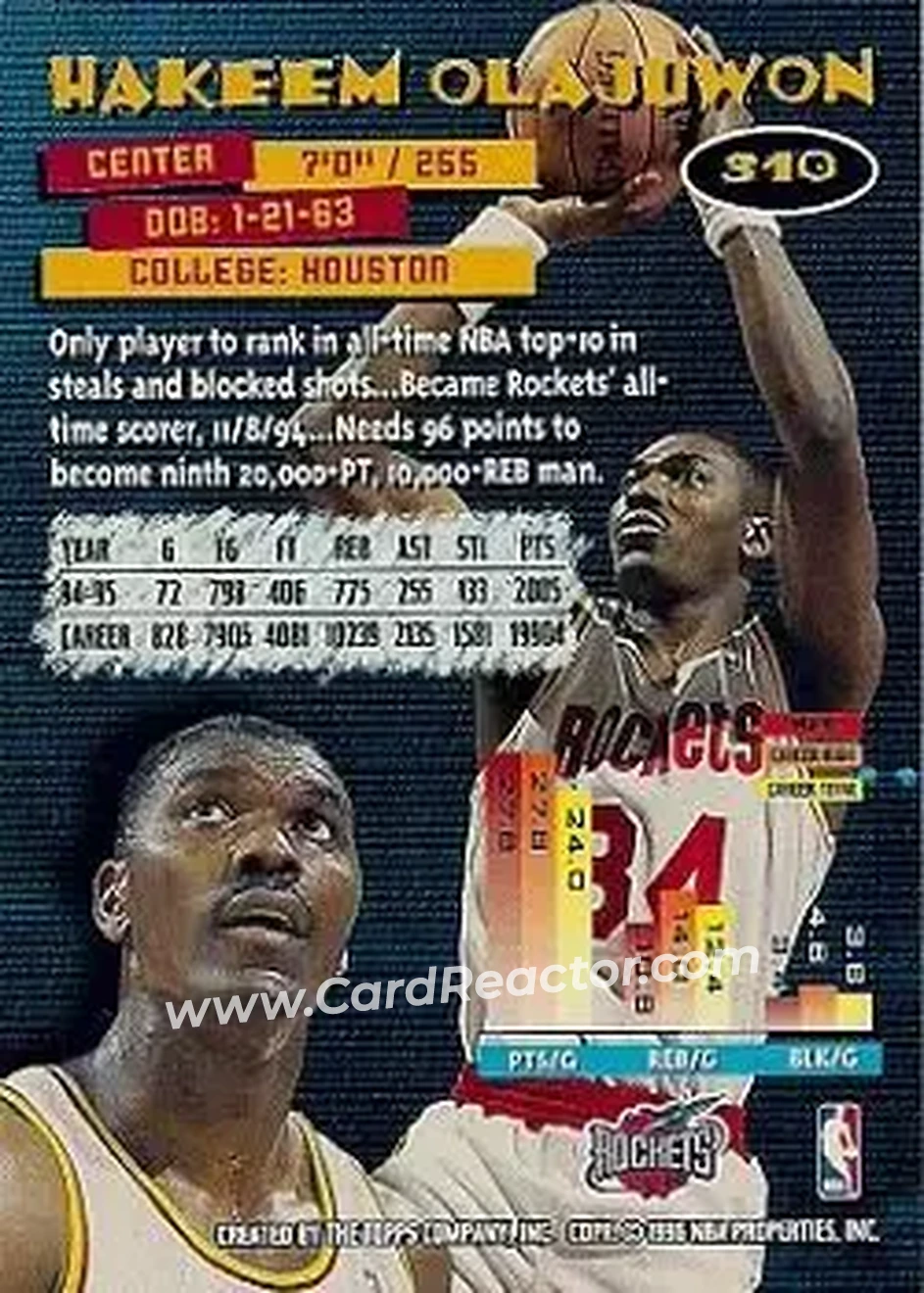 1995-96 Stadium Club #310 - Hakeem Olajuwon - Houston Rockets - Back 1995-96 Stadium Club #310 - Hakeem Olajuwon - Houston Rockets - Back