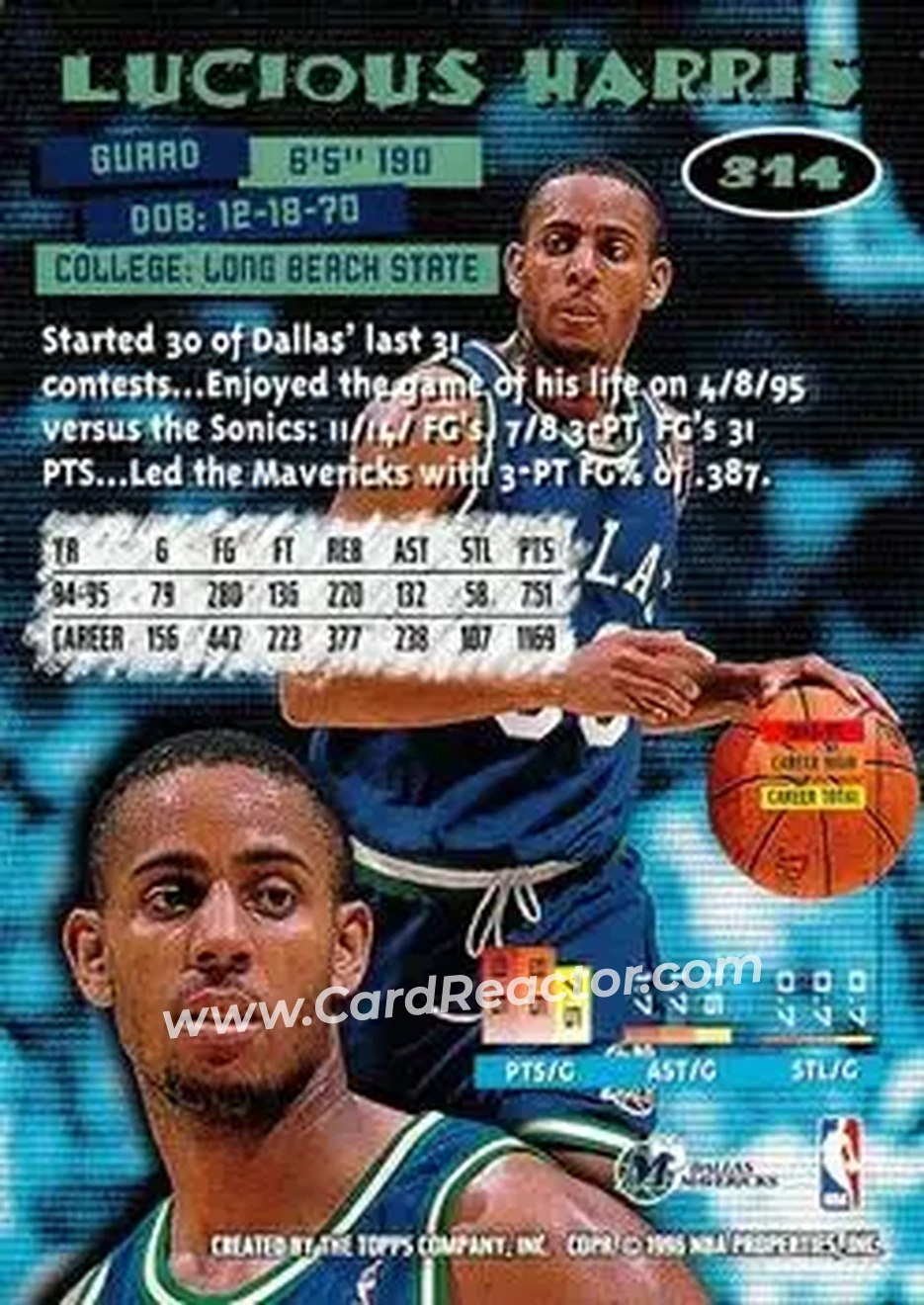 1995-96 Stadium Club #314 - Lucious Harris - Dallas Mavericks - Back