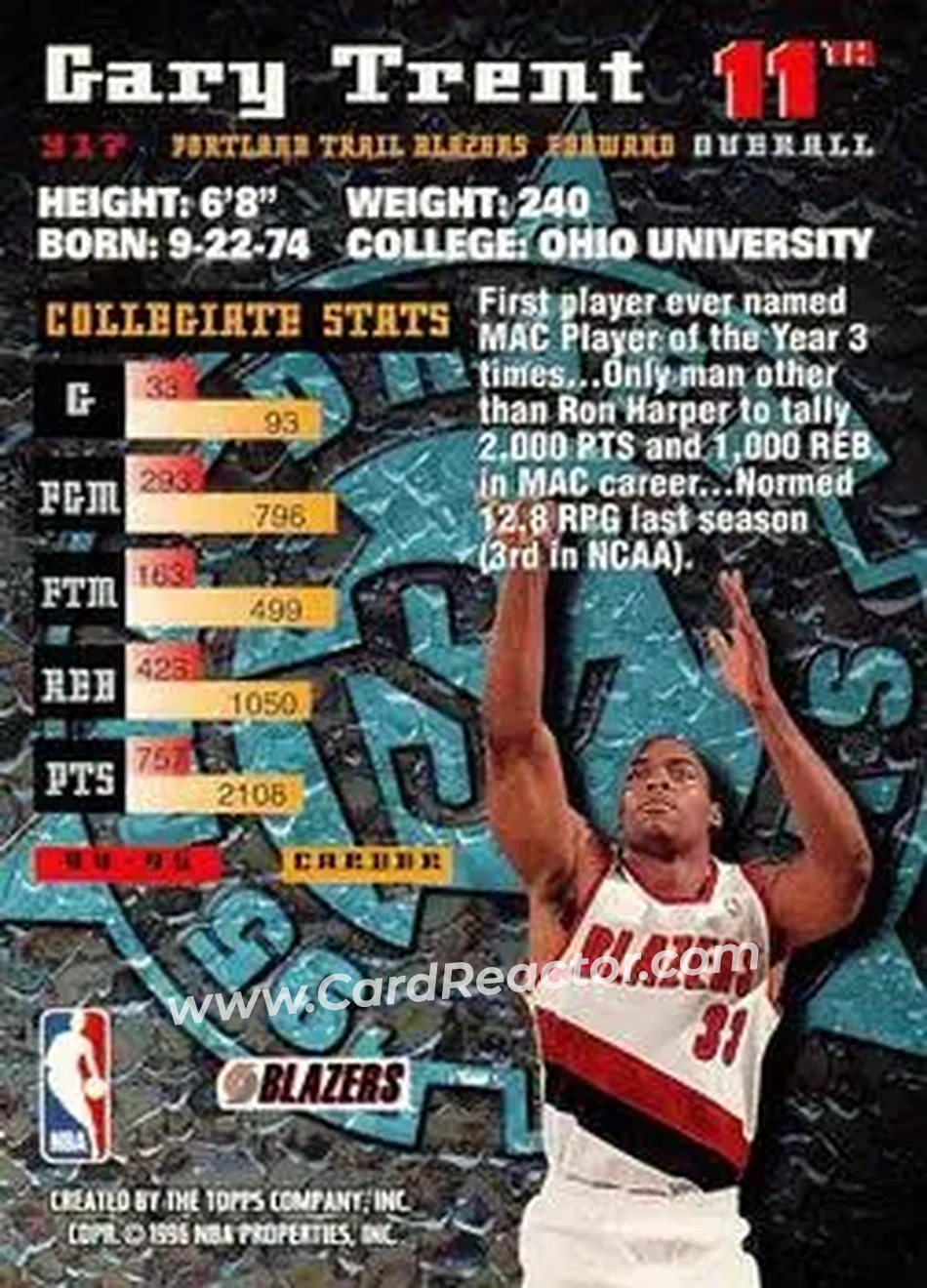1995-96 Stadium Club #317 - Gary Trent - Portland Trail Blazers - Back