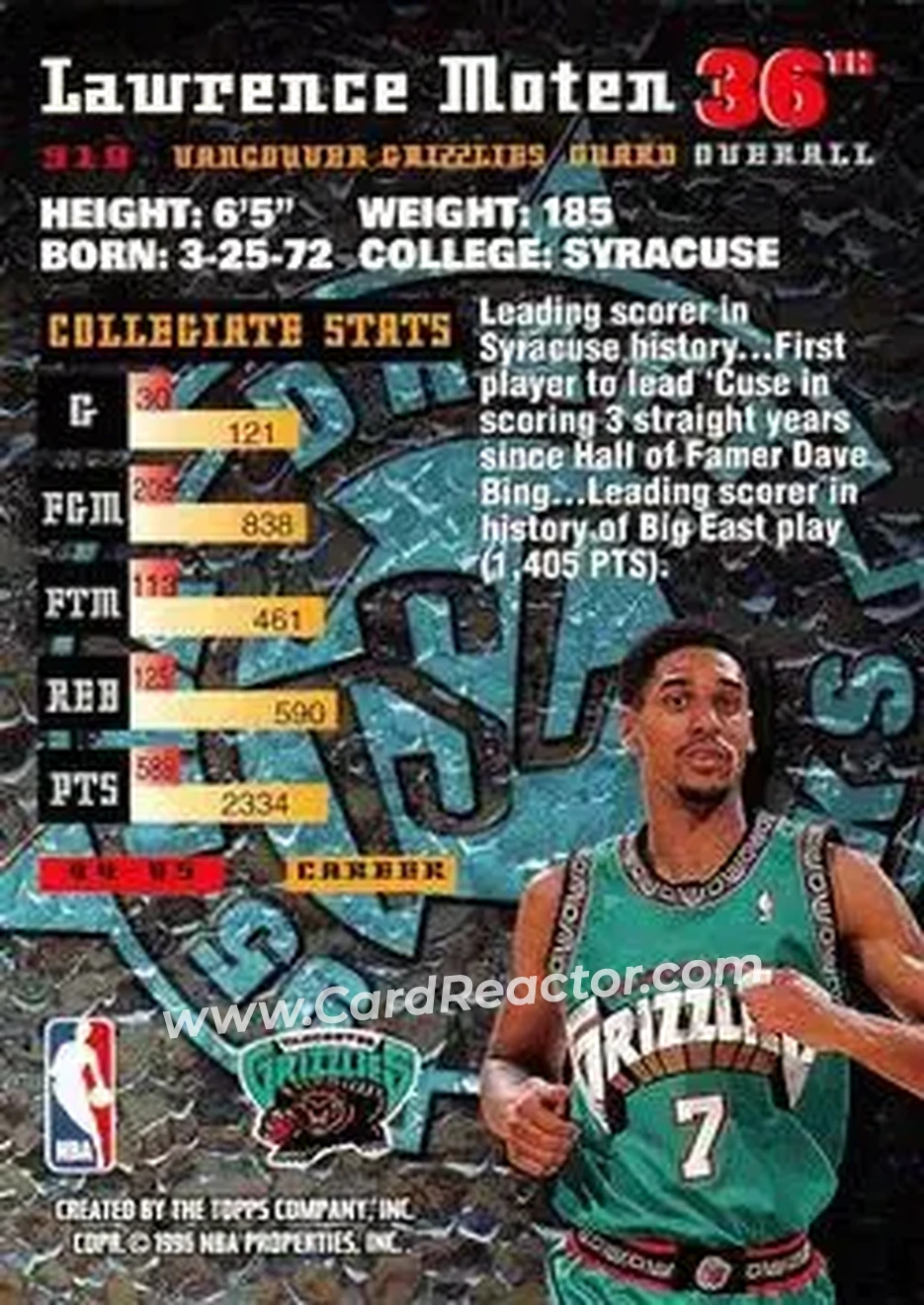 1995-96 Stadium Club #319 - Lawrence Moten - Vancouver Grizzlies - Back