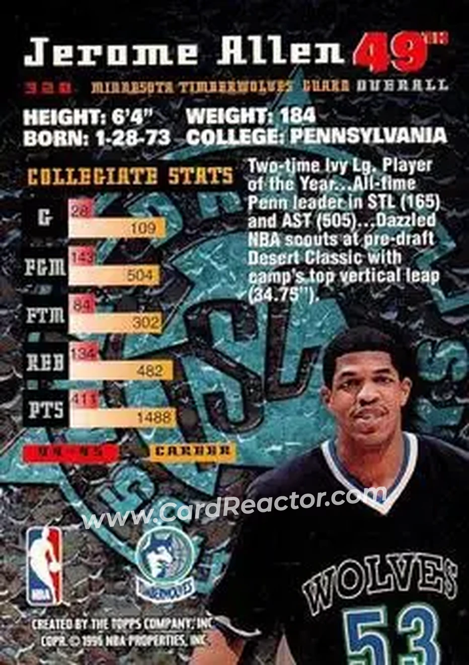 1995-96 Stadium Club #320 - Jerome Allen - Minnesota Timberwolves - Back 1995-96 Stadium Club #320 - Jerome Allen - Minnesota Timberwolves - Back