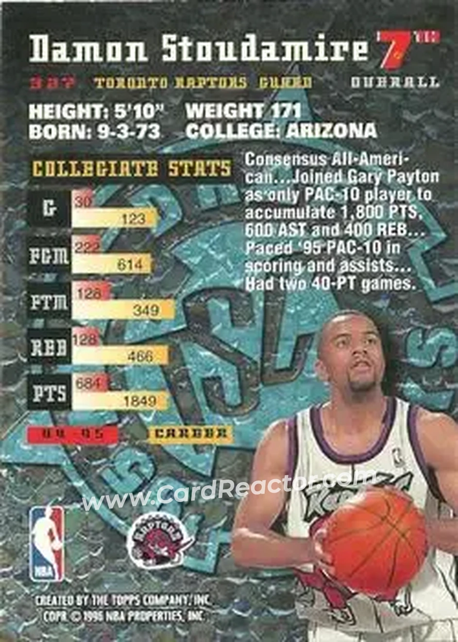 1995-96 Stadium Club #327 - Damon Stoudamire - Toronto Raptors - Back 1995-96 Stadium Club #327 - Damon Stoudamire - Toronto Raptors - Back