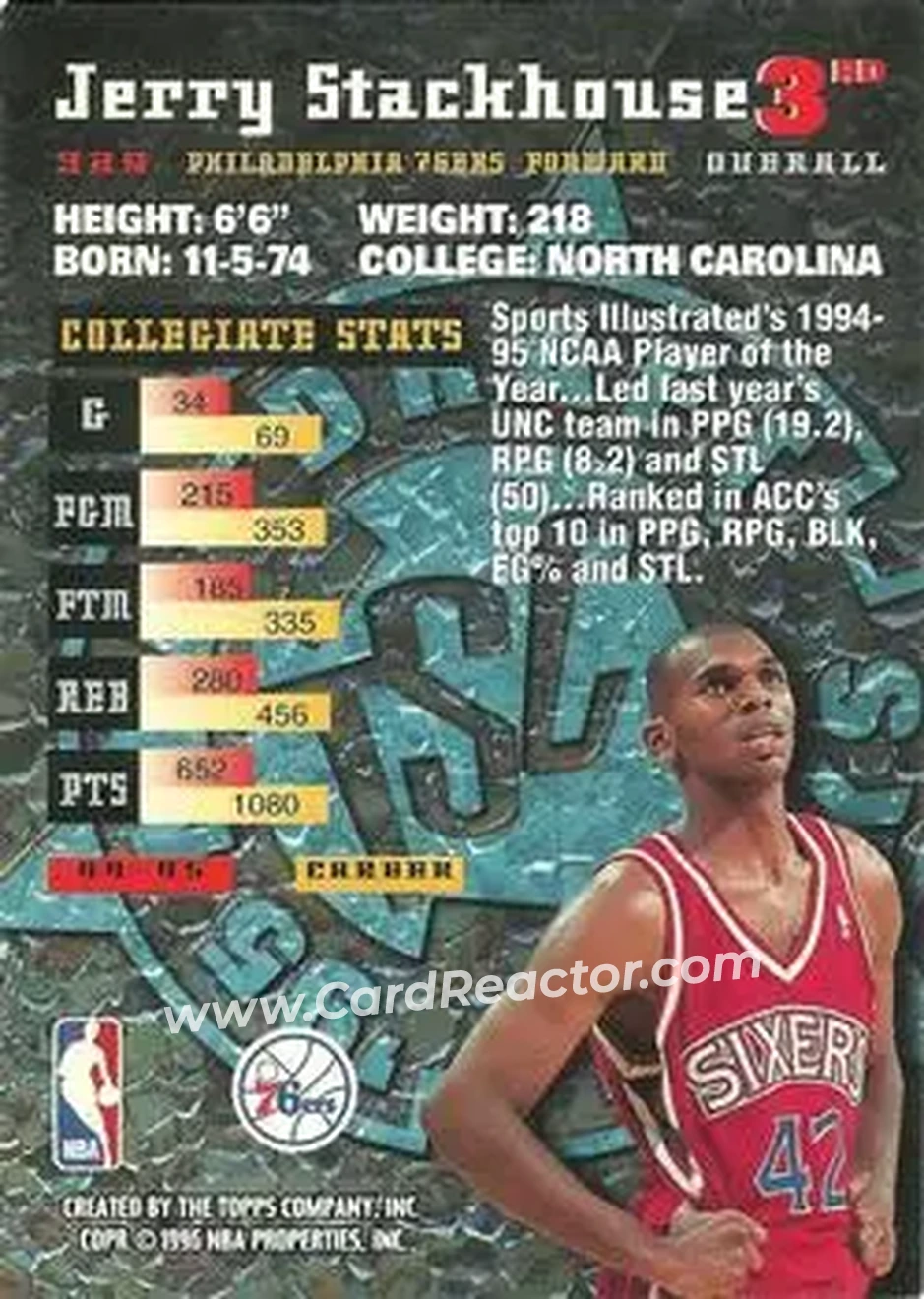 1995-96 Stadium Club #329 - Jerry Stackhouse - Philadelphia 76ers - Back