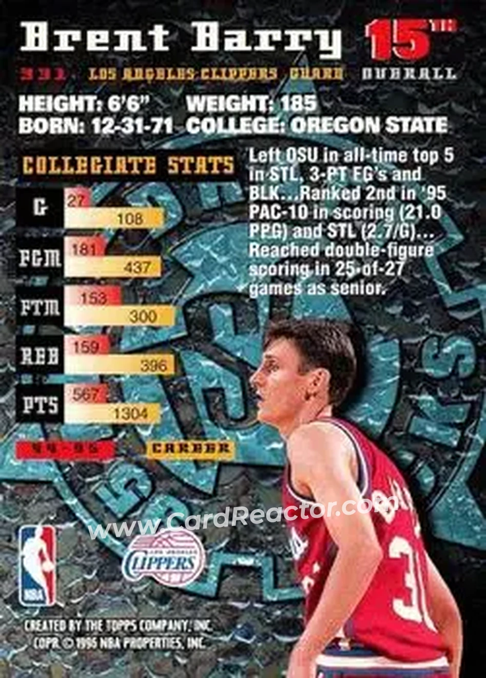 1995-96 Stadium Club #331 - Brent Barry - Los Angeles Clippers - Back
