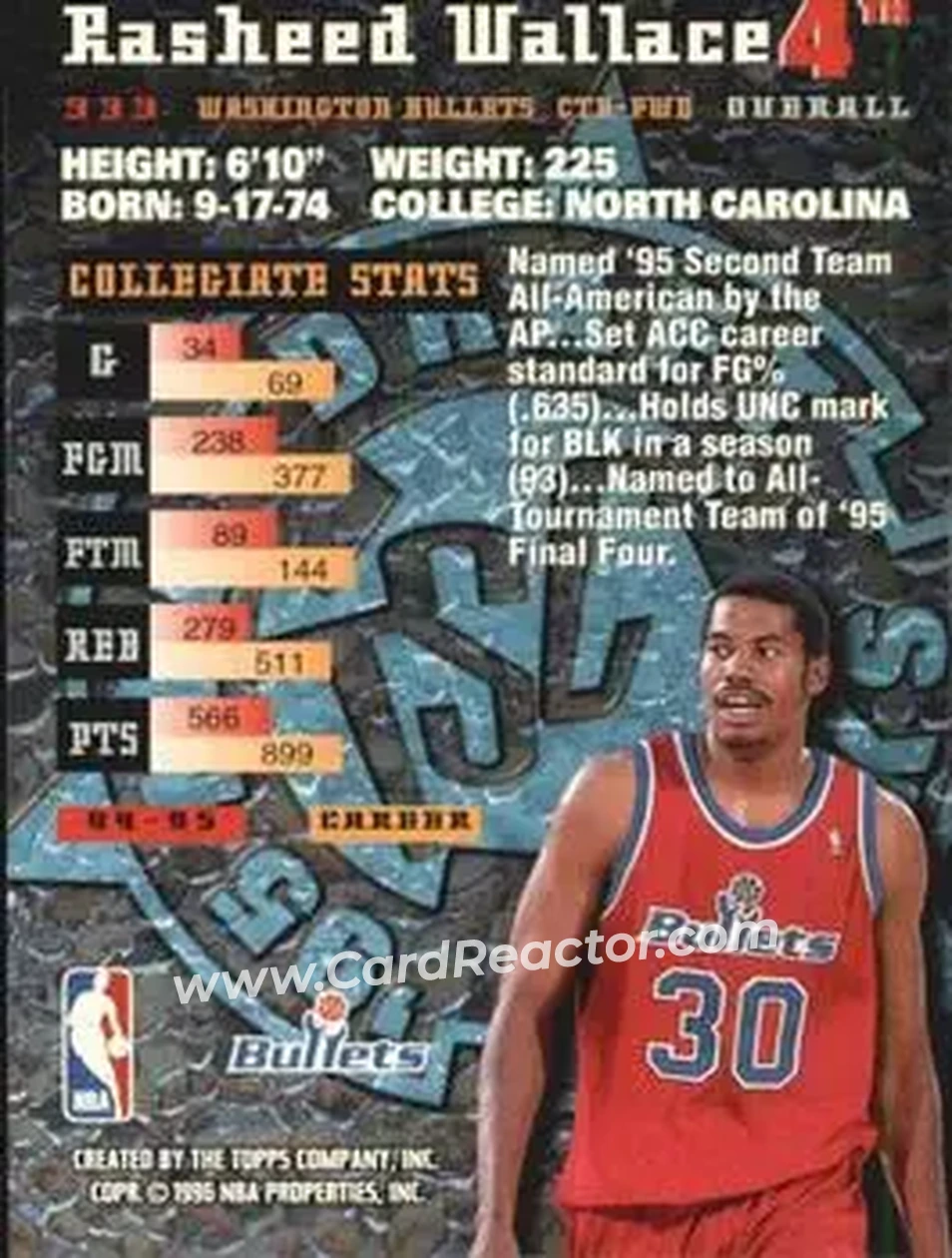 1995-96 Stadium Club #333 - Rasheed Wallace - Washington Bullets - Back 1995-96 Stadium Club #333 - Rasheed Wallace - Washington Bullets - Back