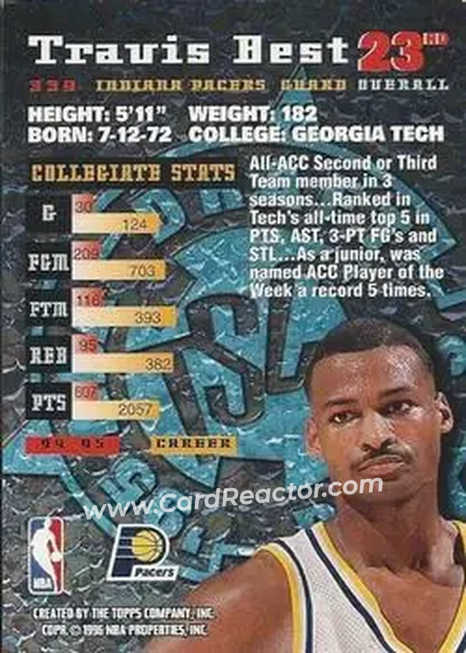 1995-96 Stadium Club #339 - Travis Best - Indiana Pacers - Back