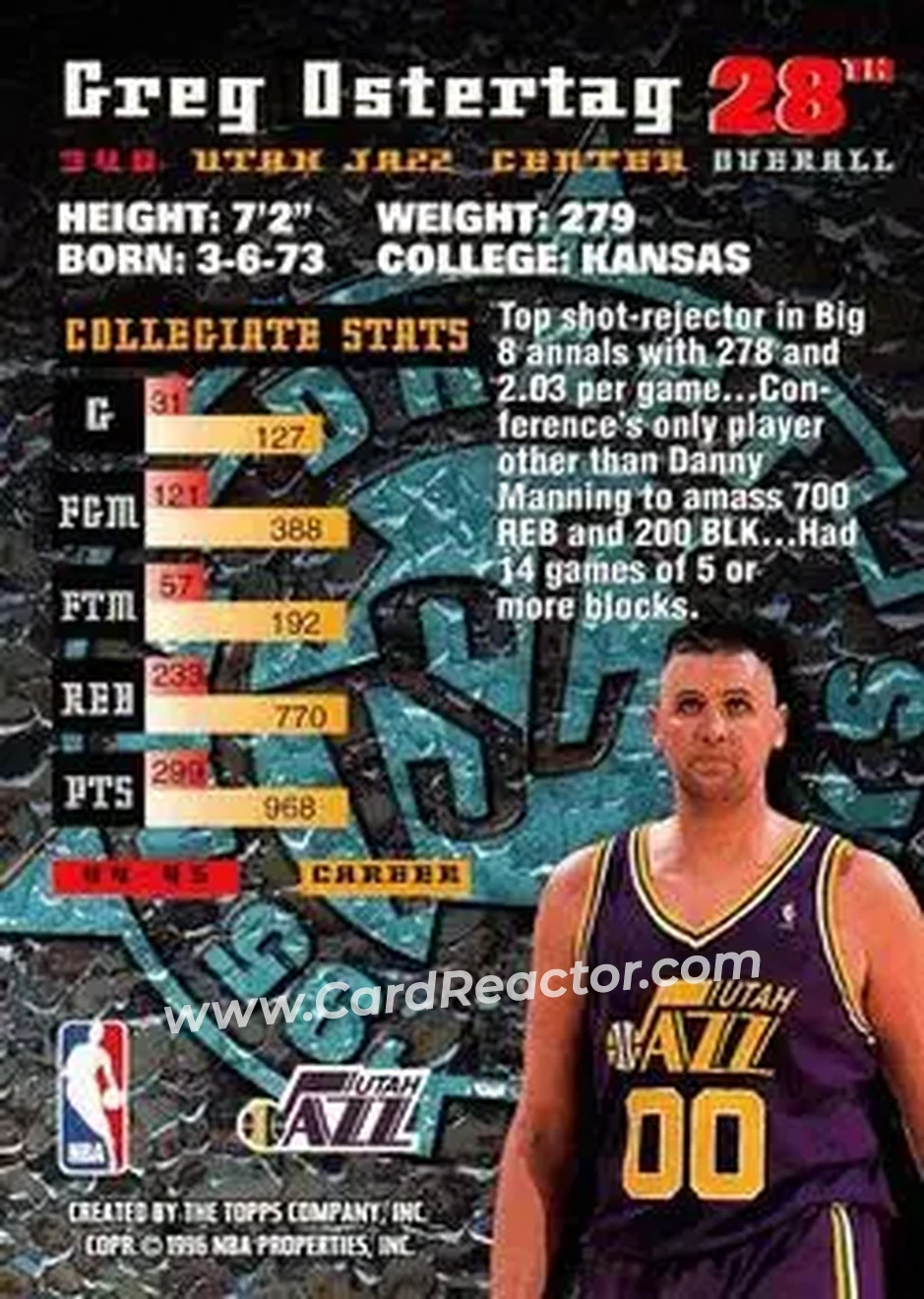1995-96 Stadium Club #340 - Greg Ostertag - Utah Jazz - Back