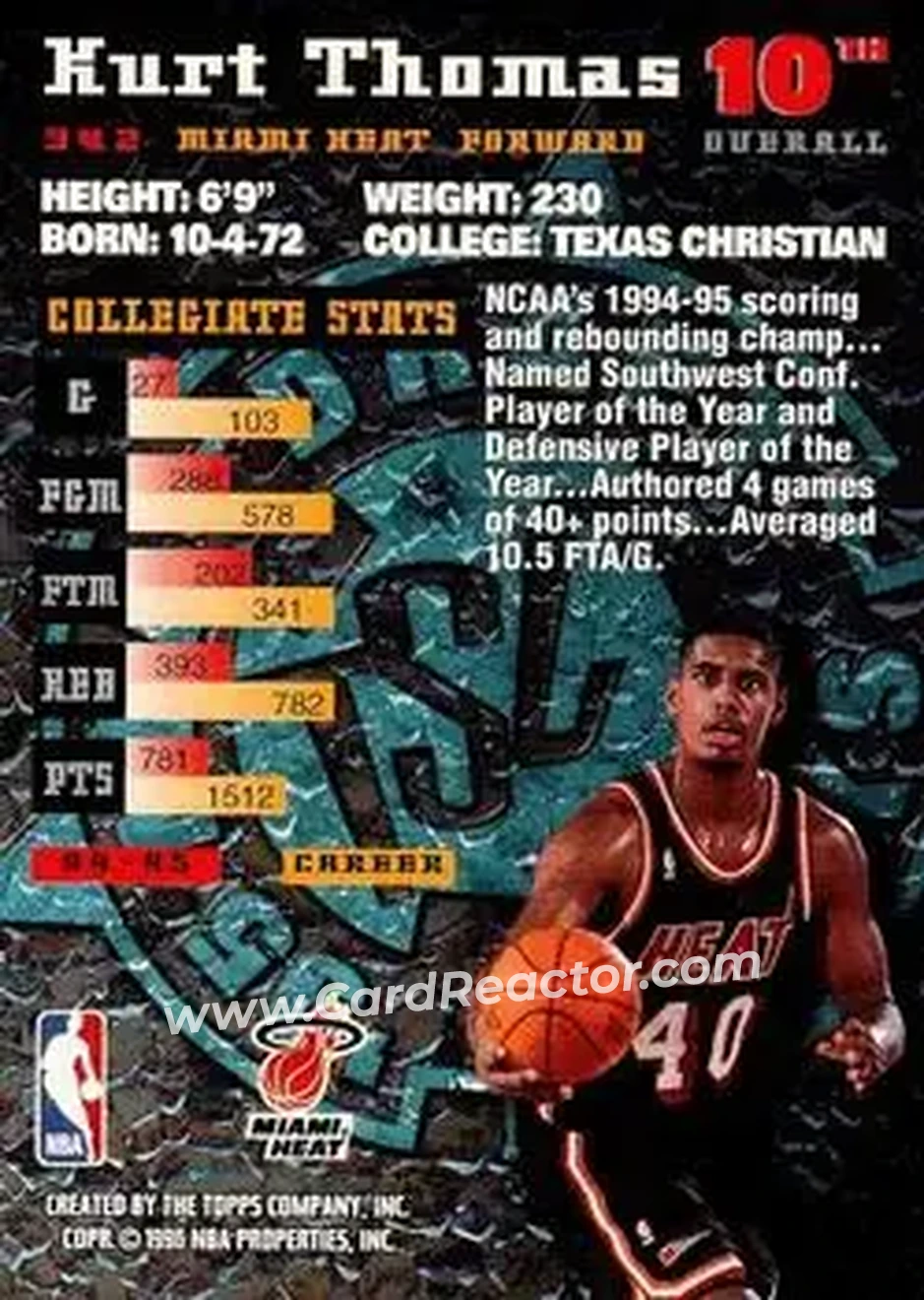 1995-96 Stadium Club #342 - Kurt Thomas - Miami Heat - Back
