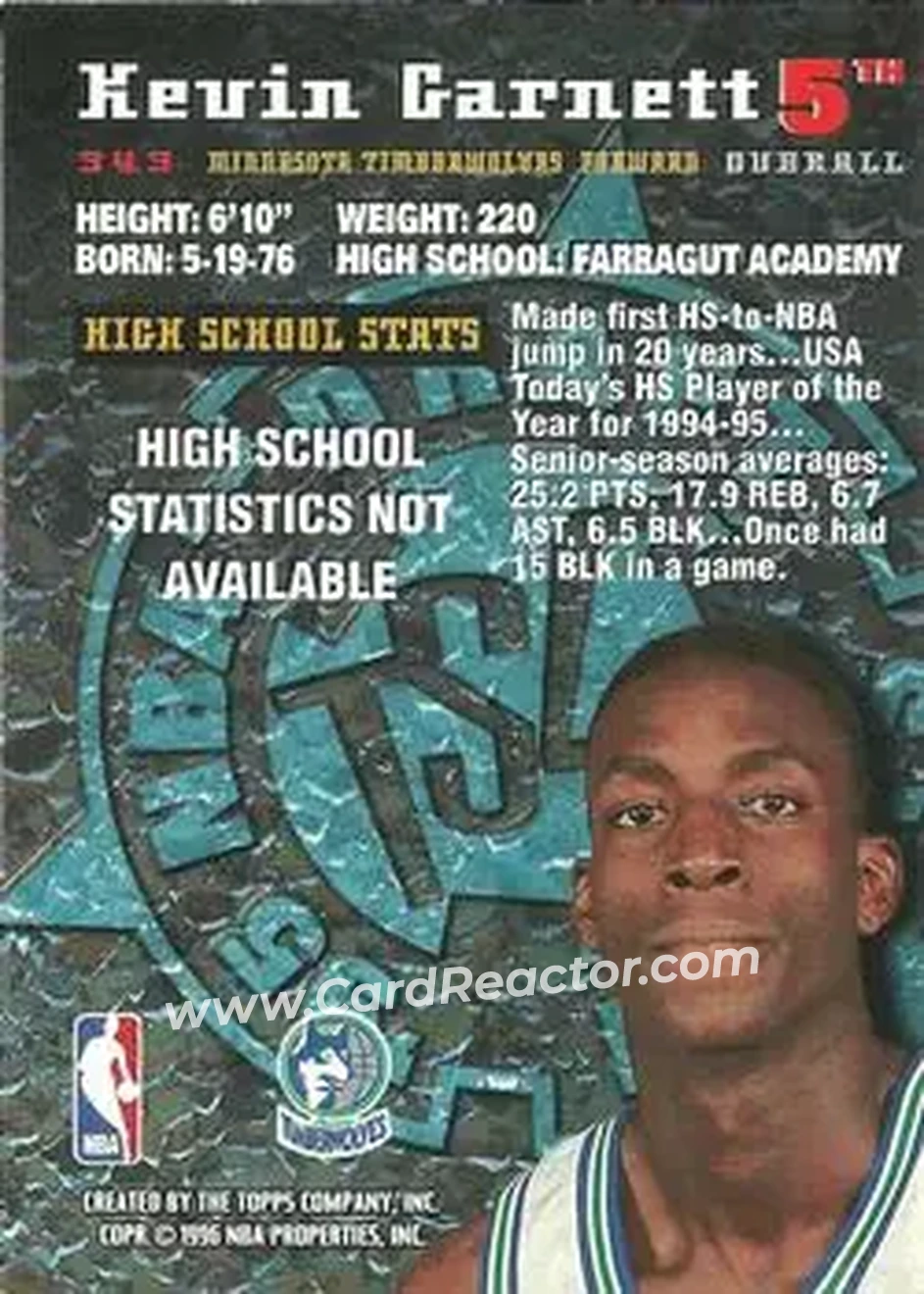 1995-96 Stadium Club #343 - Kevin Garnett - Minnesota Timberwolves - Back