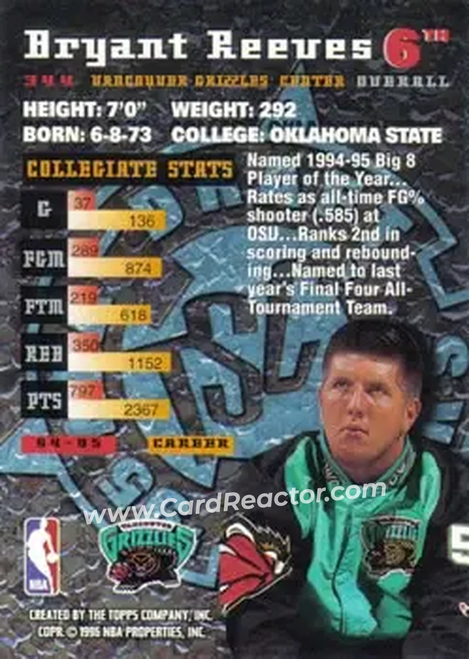 1995-96 Stadium Club #344 - Bryant Reeves - Vancouver Grizzlies - Back