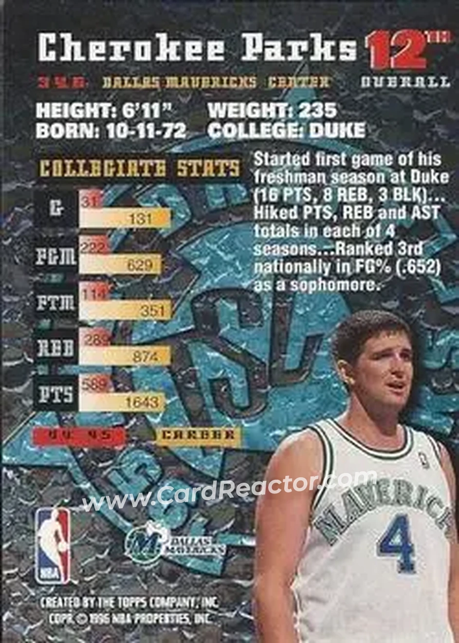 1995-96 Stadium Club #346 - Cherokee Parks - Dallas Mavericks - Back