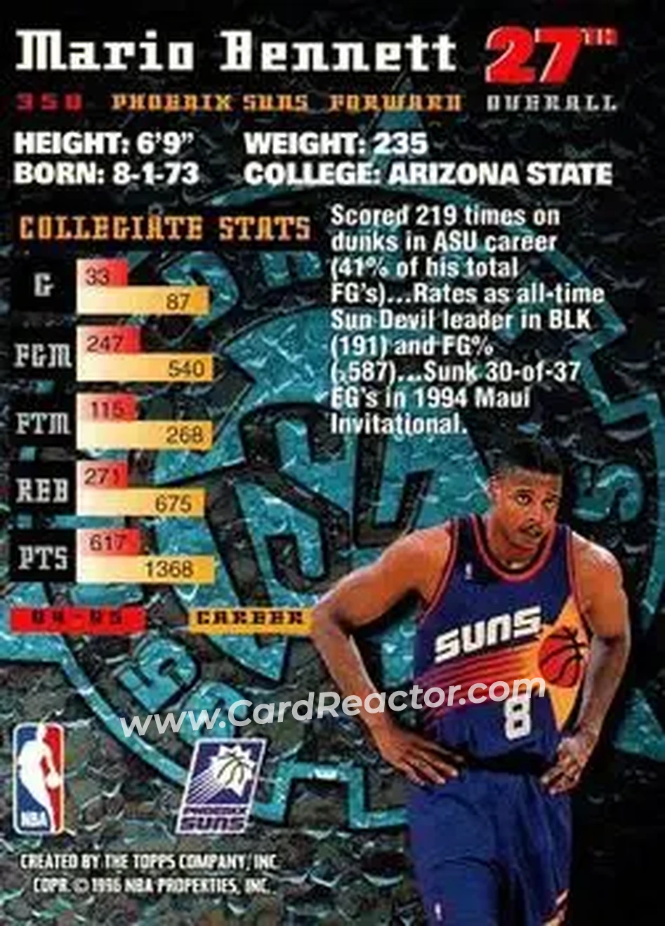 1995-96 Stadium Club #350 - Mario Bennett - Phoenix Suns - Back
