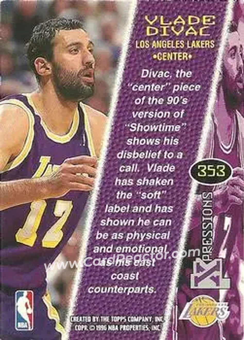 1995-96 Stadium Club #353 - Vlade Divac - Los Angeles Lakers - Back