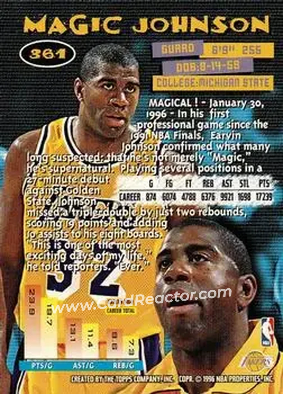 1995-96 Stadium Club #361 - Magic Johnson - Los Angeles Lakers - Back