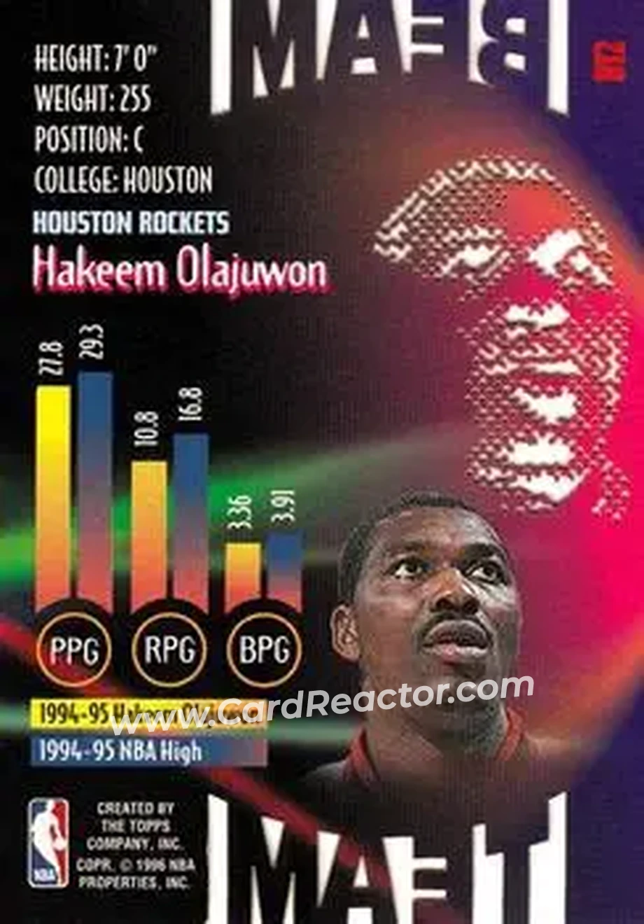 1995-96 Stadium Club - Beam Team #B12 - Hakeem Olajuwon - Houston Rockets - Back