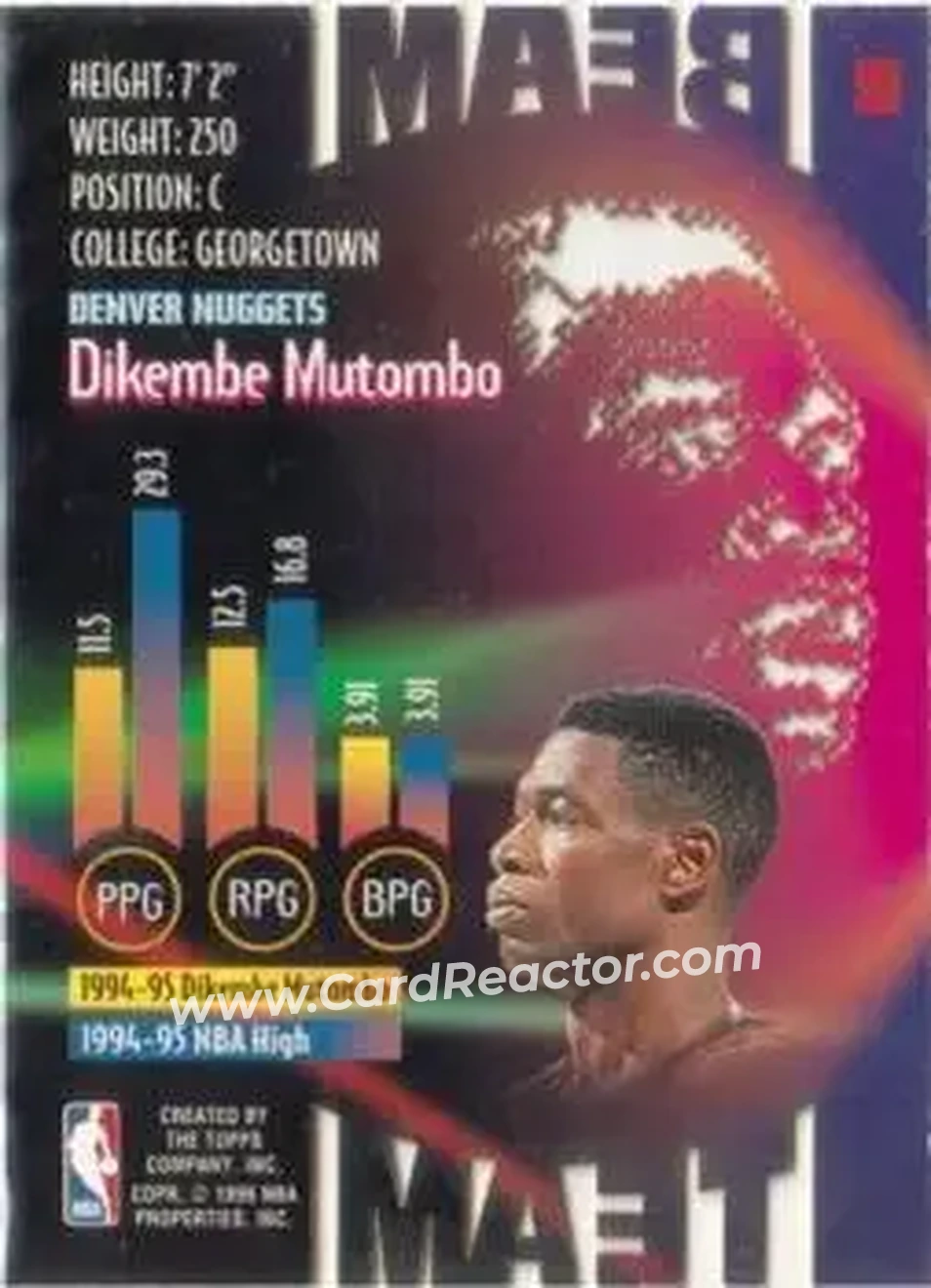 1995-96 Stadium Club - Beam Team #B15 - Dikembe Mutombo - Denver Nuggets - Back