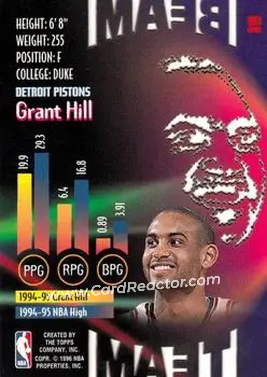 1995-96 Stadium Club - Beam Team #B19 - Grant Hill - Detroit Pistons - Back