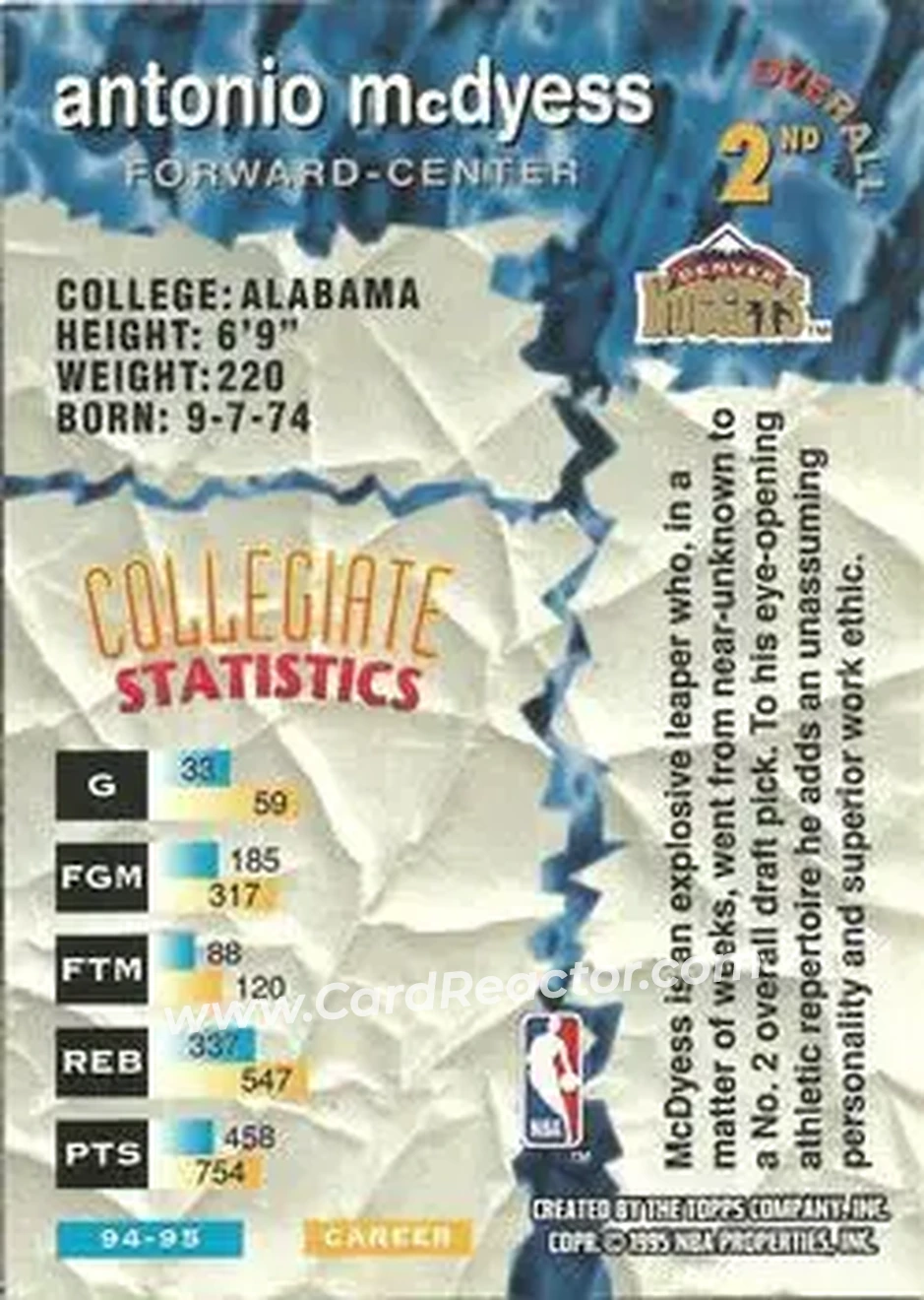1995-96 Stadium Club - Draft Picks #2 - Antonio McDyess - Denver Nuggets - Back 1995-96 Stadium Club - Draft Picks #2 - Antonio McDyess - Denver Nuggets - Back