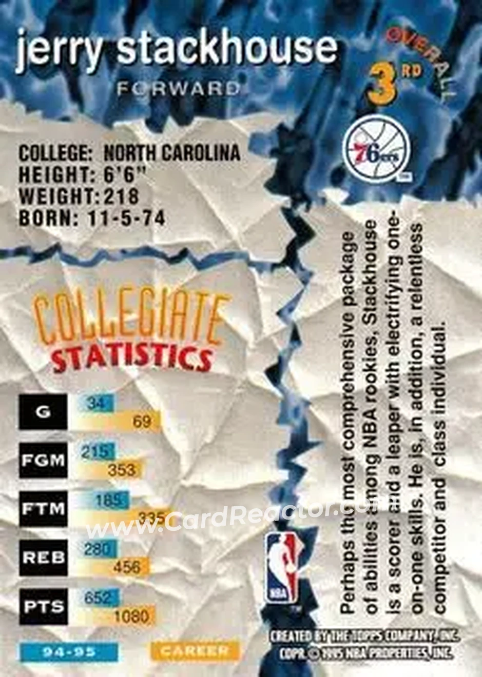 1995-96 Stadium Club - Draft Picks #3 - Jerry Stackhouse - Philadelphia 76ers - Back