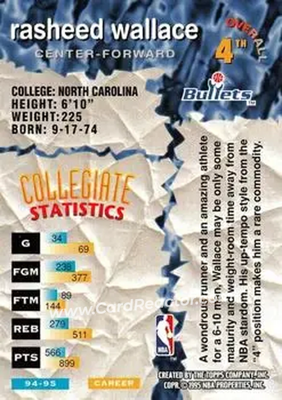 1995-96 Stadium Club - Draft Picks #4 - Rasheed Wallace - Washington Bullets - Back