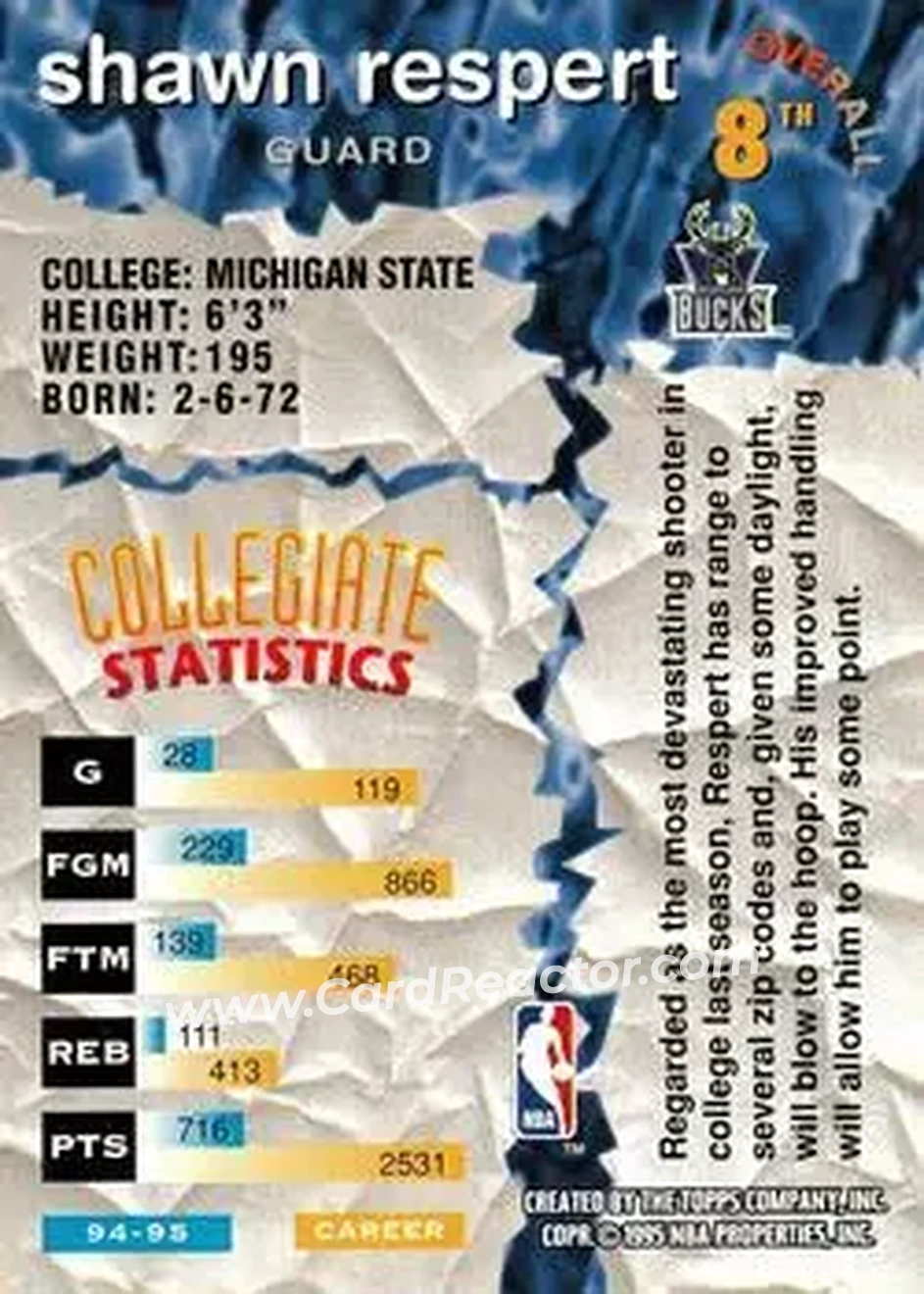 1995-96 Stadium Club - Draft Picks #8 - Shawn Respert - Milwaukee Bucks - Back