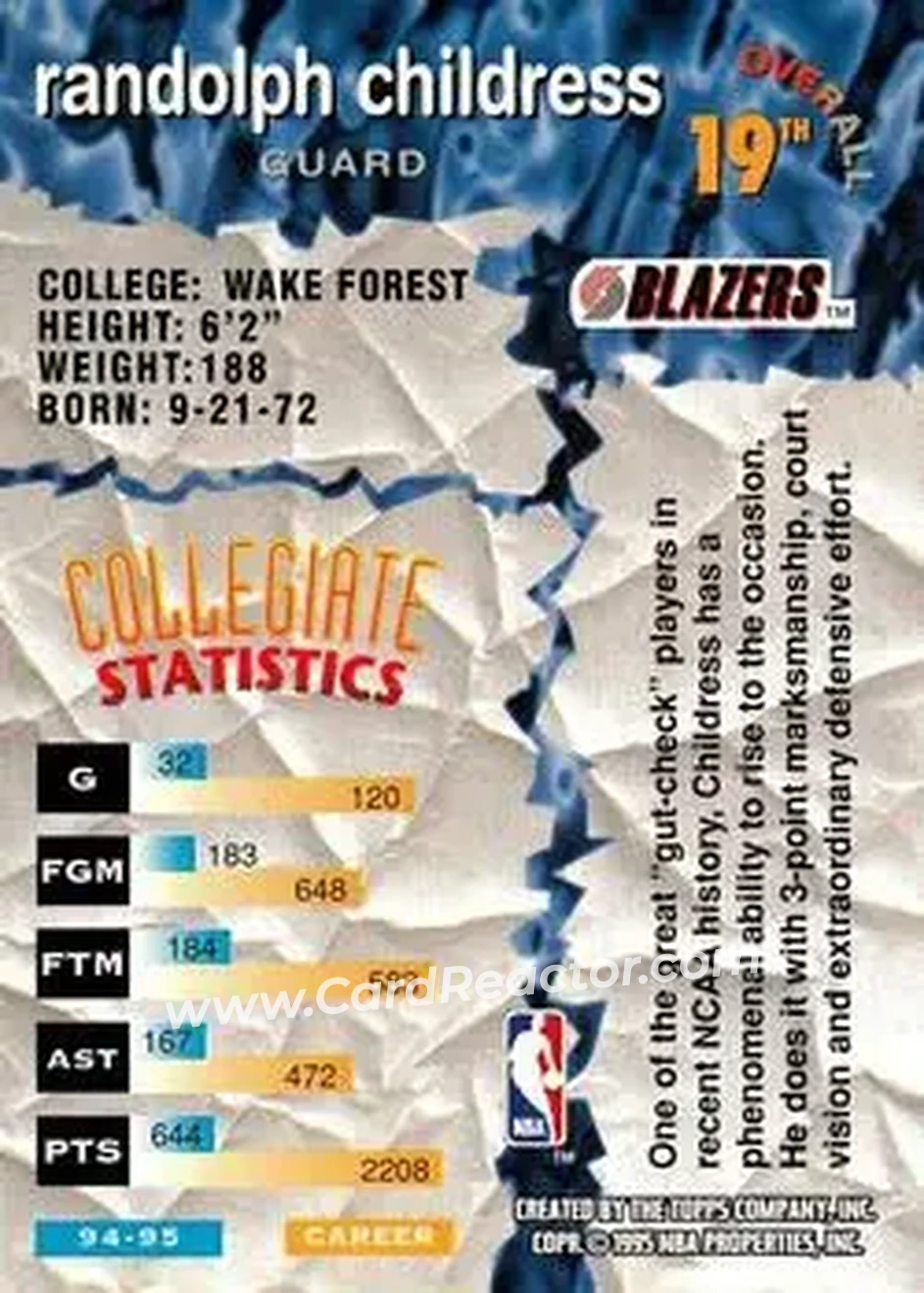 1995-96 Stadium Club - Draft Picks #19 - Randolph Childress - Portland Trail Blazers - Back