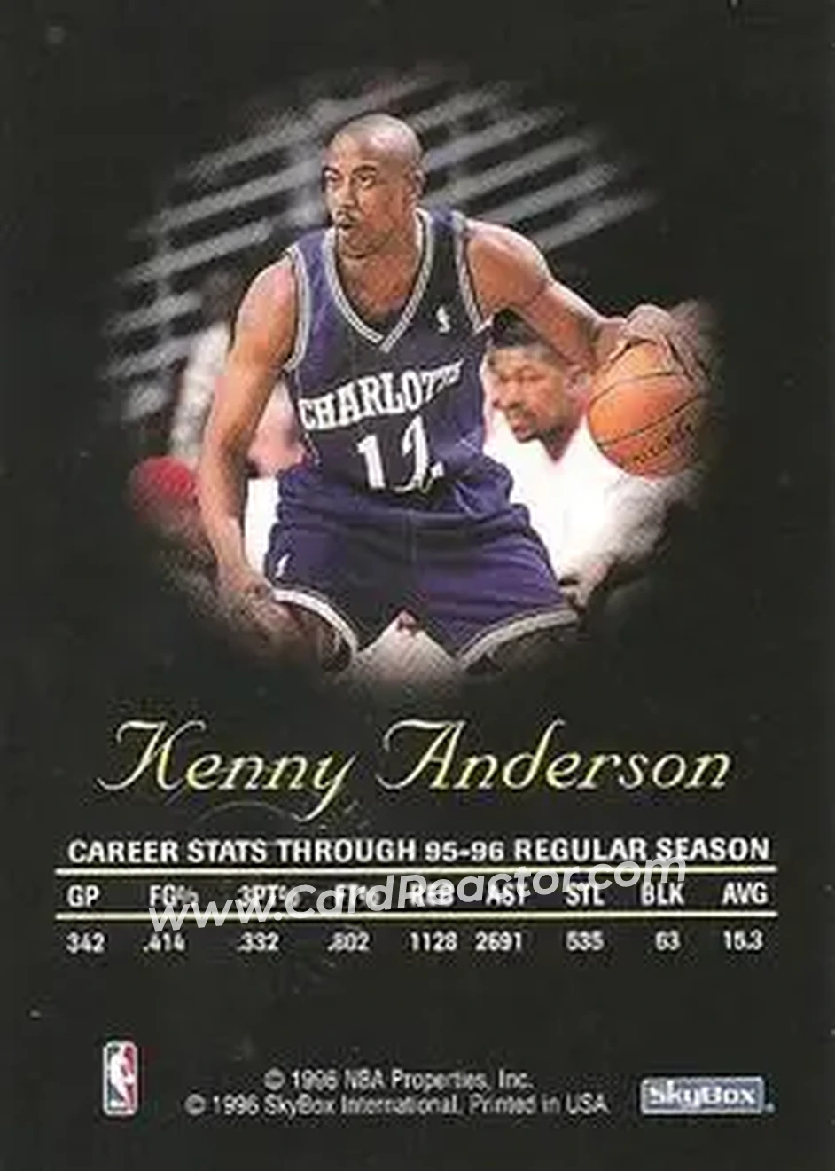 1996-97 SkyBox Premium - Autographics Black Ink #NNO - Kenny Anderson - Charlotte Hornets - Back