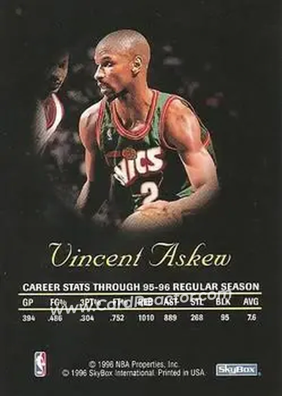 1996-97 SkyBox Premium - Autographics Black Ink #NNO - Vincent Askew - Seattle SuperSonics - Back