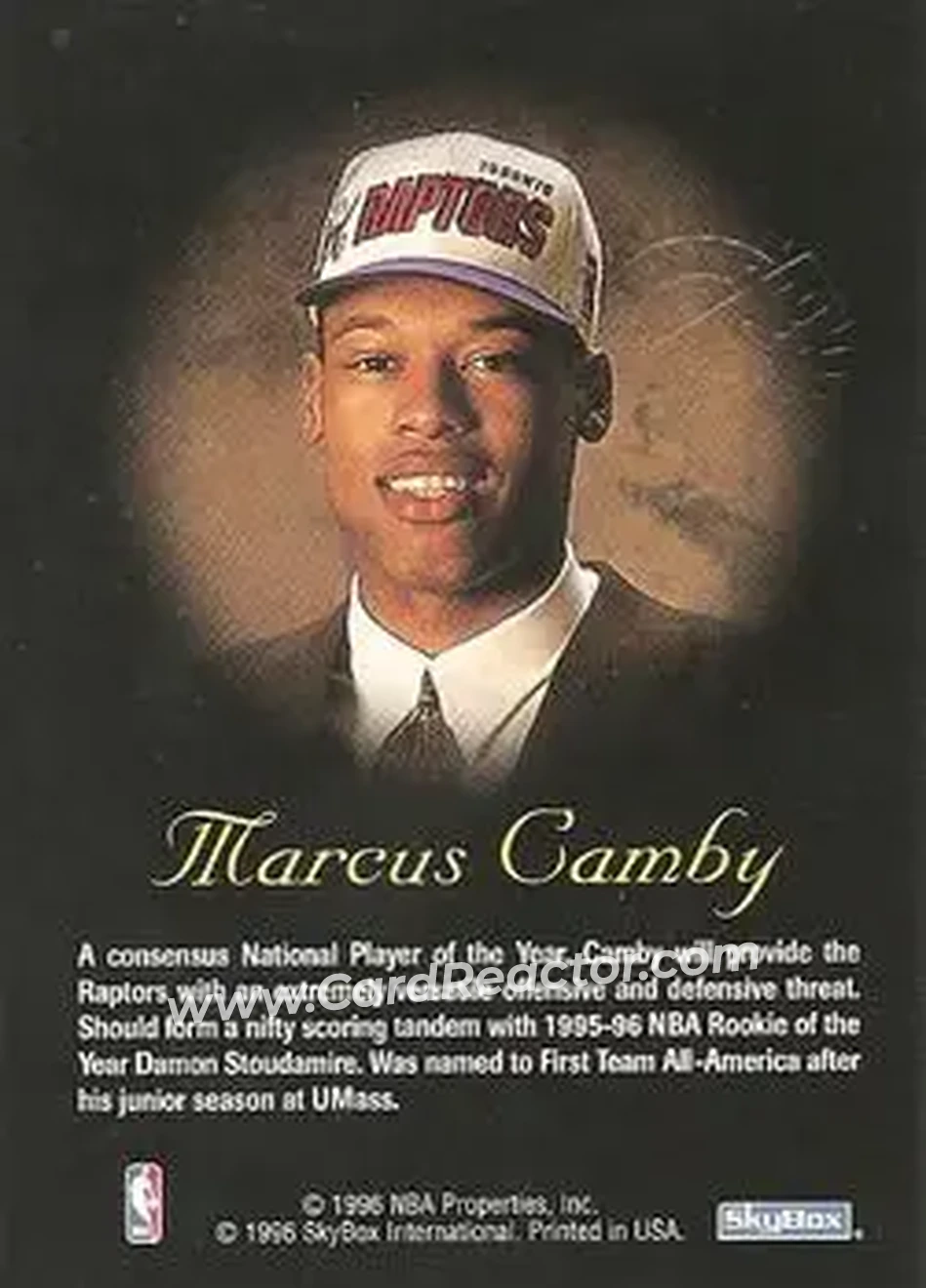 1996-97 SkyBox Premium - Autographics Black Ink #NNO - Marcus Camby - Toronto Raptors - Back