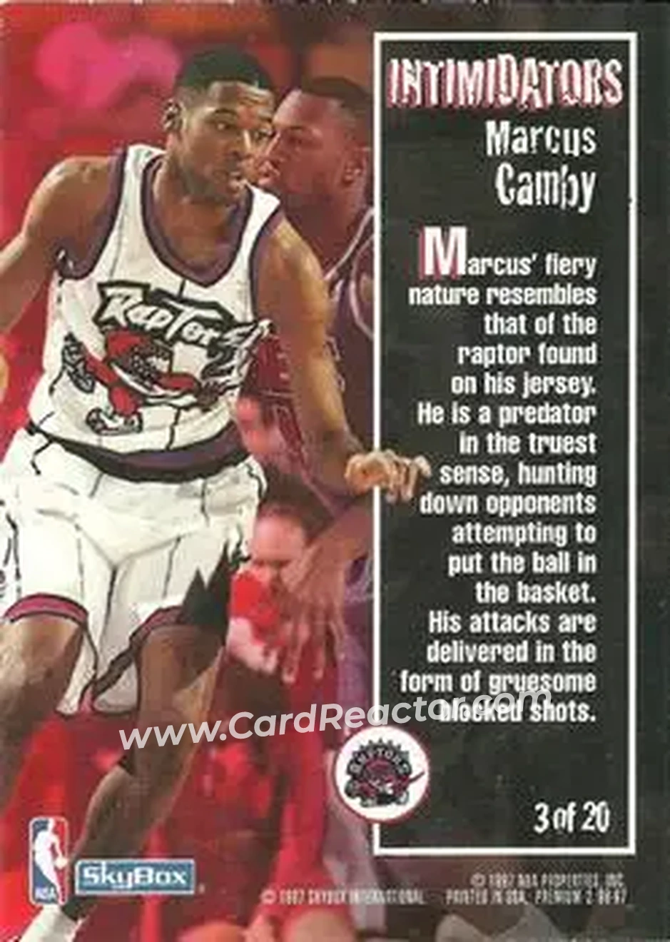 1996-97 SkyBox Premium - Intimidators #3 - Marcus Camby - Toronto Raptors - Back