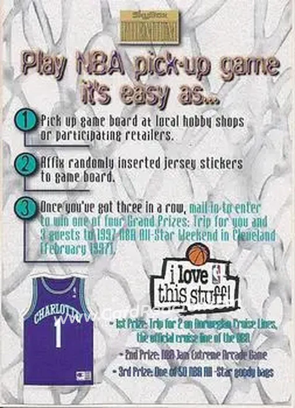 1996-97 SkyBox Premium - NBA Pick-Up Game Sweepstakes Stickers #3 - Card #3 - Charlotte Hornets - Front
