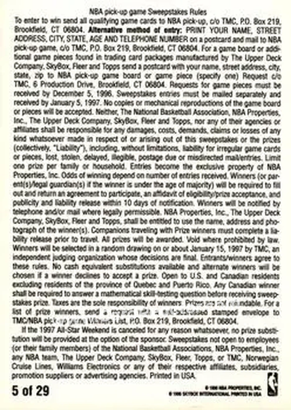 1996-97 SkyBox Premium - NBA Pick-Up Game Sweepstakes Stickers #5 - Card #5 - Cleveland Cavaliers - Back