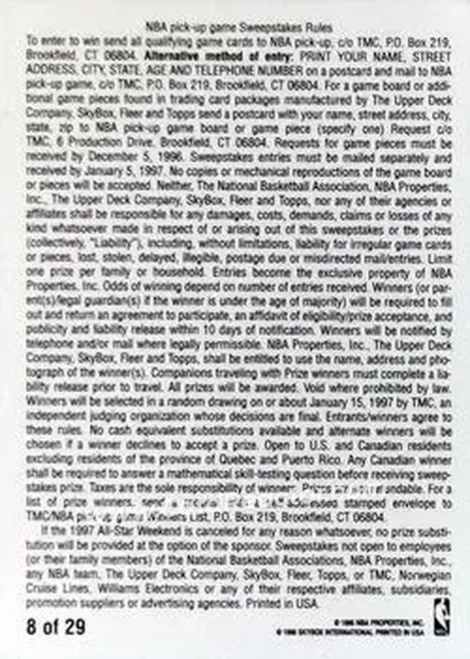 1996-97 SkyBox Premium - NBA Pick-Up Game Sweepstakes Stickers #8 - Card #8 - Detroit Pistons - Back