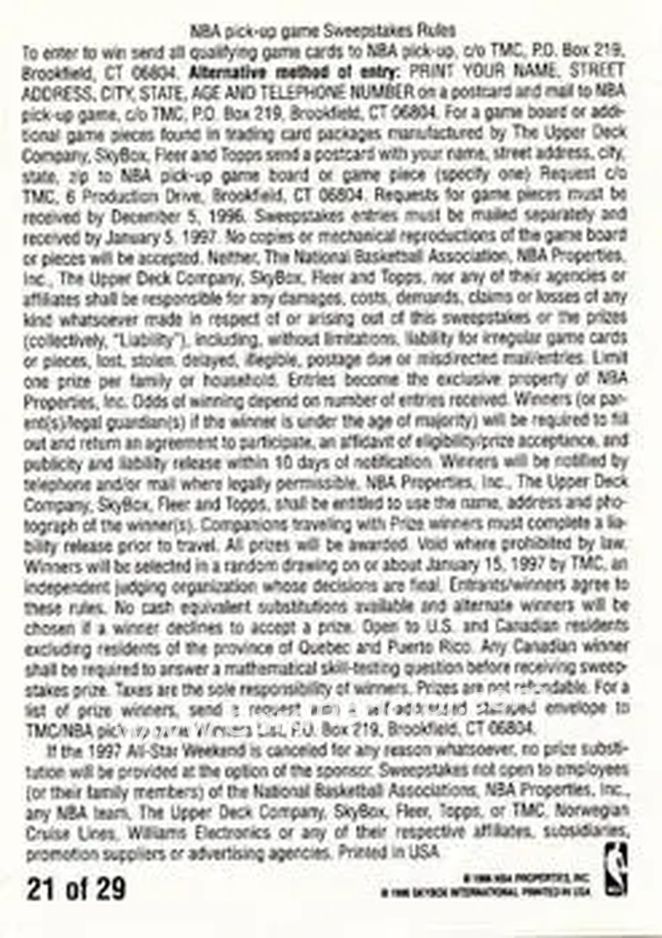 1996-97 SkyBox Premium - NBA Pick-Up Game Sweepstakes Stickers #21 - Card #21 - Phoenix Suns - Back