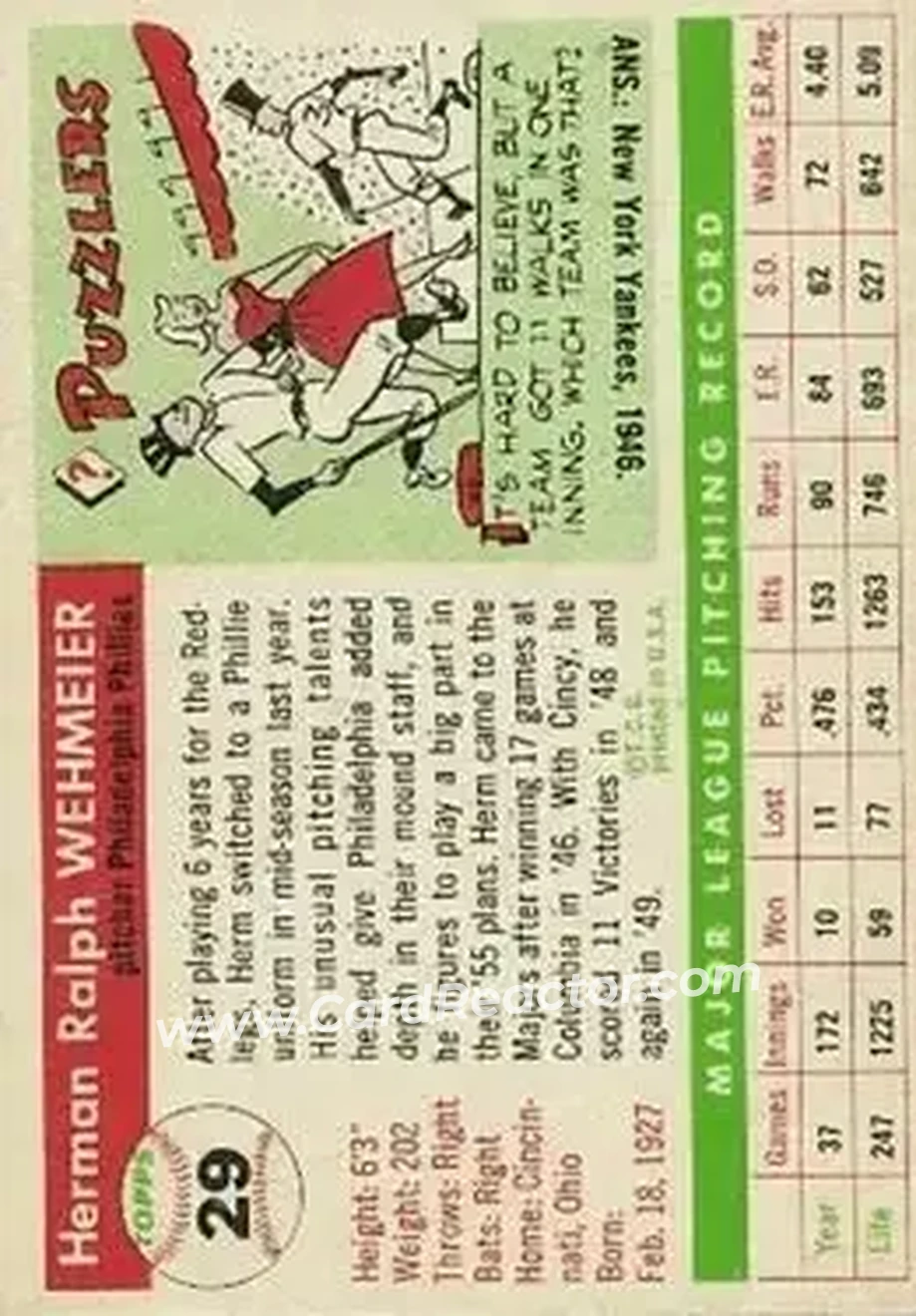 1955 Topps #29 - Herman Wehmeier - Philadelphia Phillies - Back 1955 Topps #29 - Herman Wehmeier - Philadelphia Phillies - Back