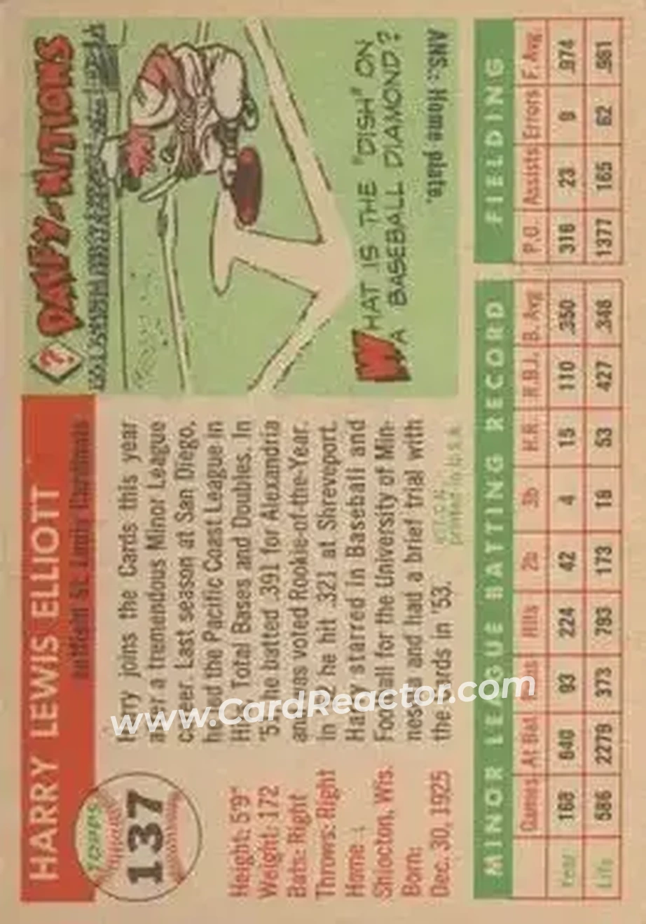 1955 Topps #137 - Harry Elliott - St. Louis Cardinals - Back