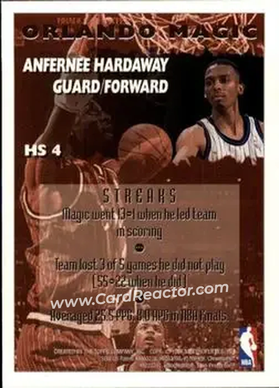 1995-96 Finest - Hot Stuff #HS4 - Anfernee Hardaway - Orlando Magic - Back