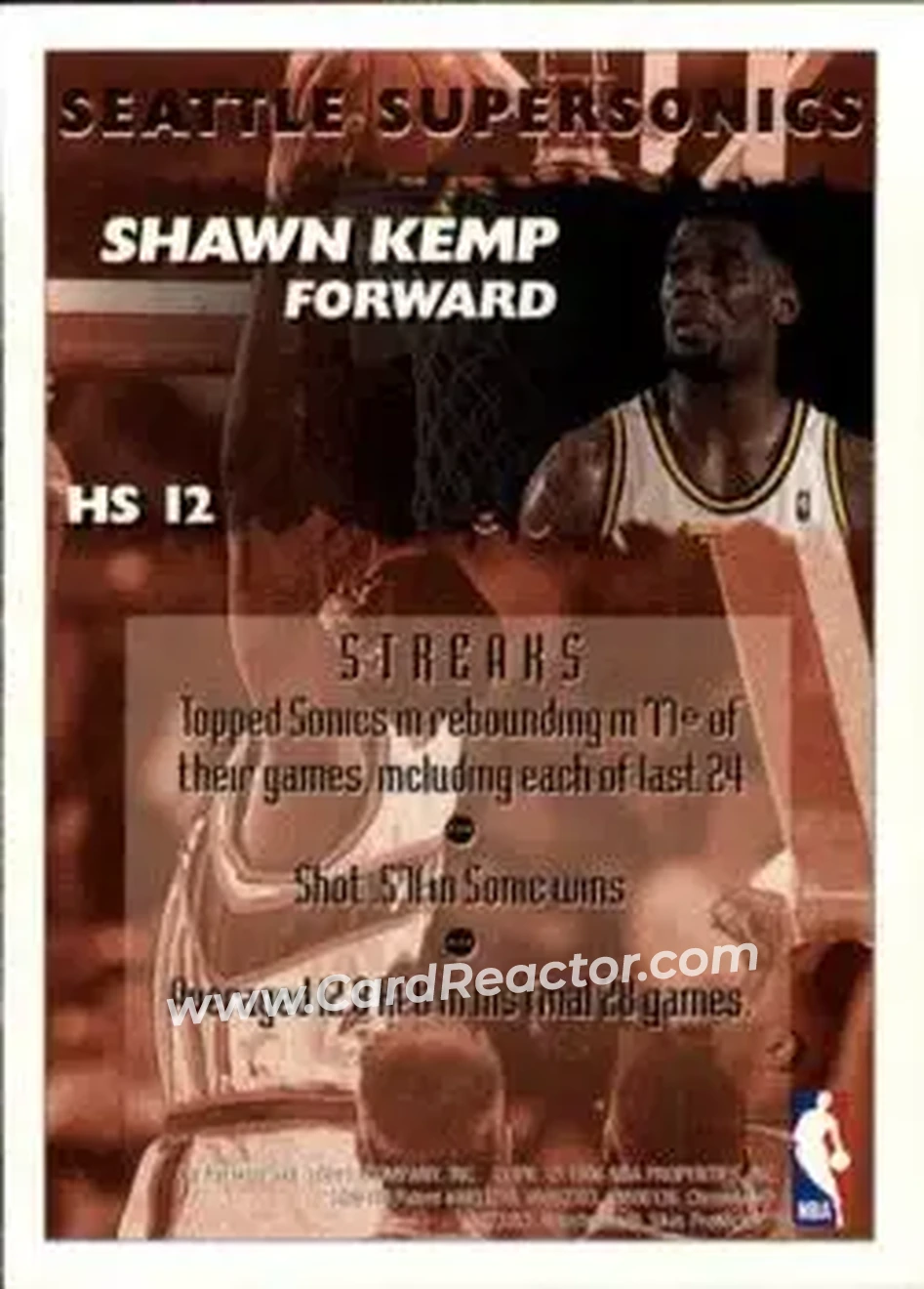 1995-96 Finest - Hot Stuff #HS12 - Shawn Kemp - Seattle SuperSonics - Back
