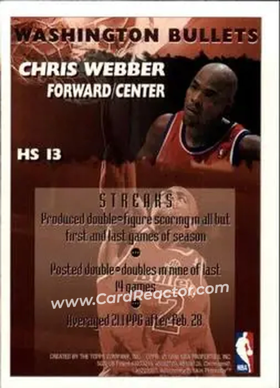 1995-96 Finest - Hot Stuff #HS13 - Chris Webber - Washington Bullets - Back
